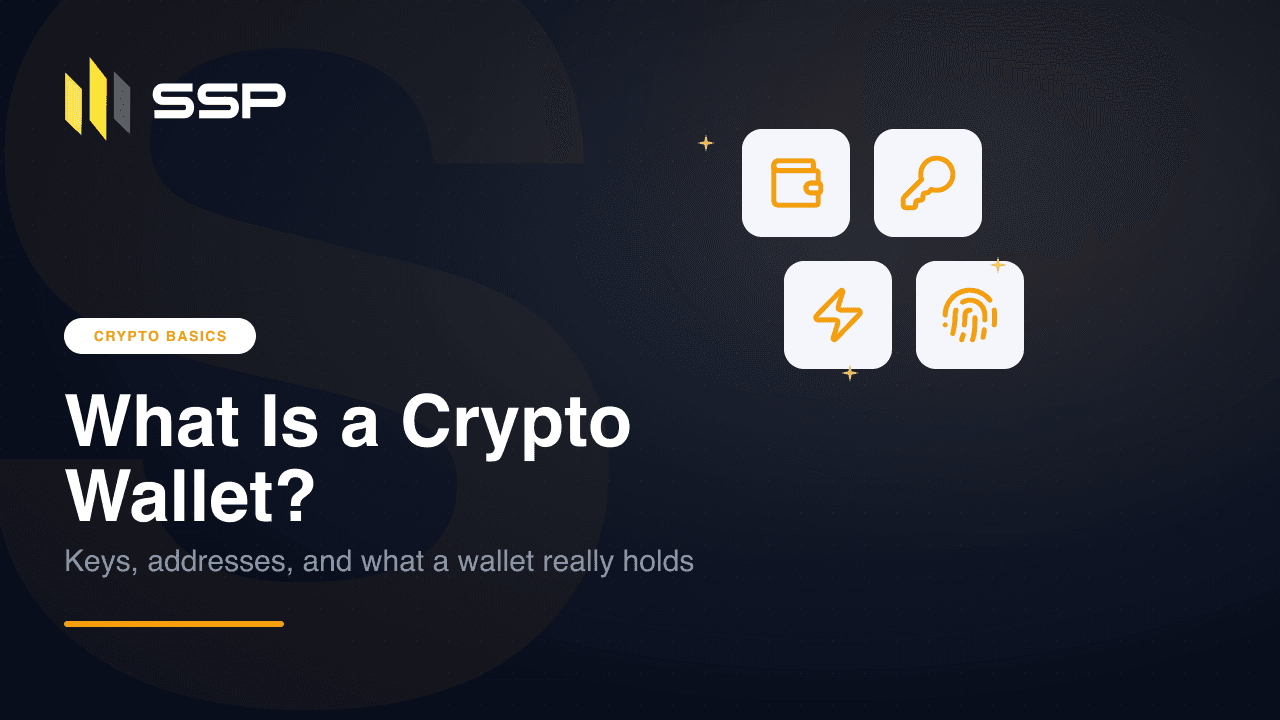 Illustrazione di un wallet di criptovalute come portachiavi con chiavi private e pubbliche, e un registro blockchain sullo sfondo