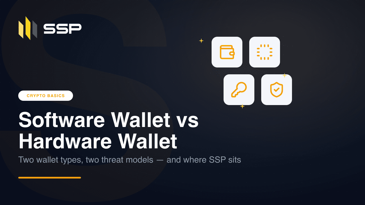 SSP Academy cover comparing a software wallet on a phone with a dedicated hardware wallet device