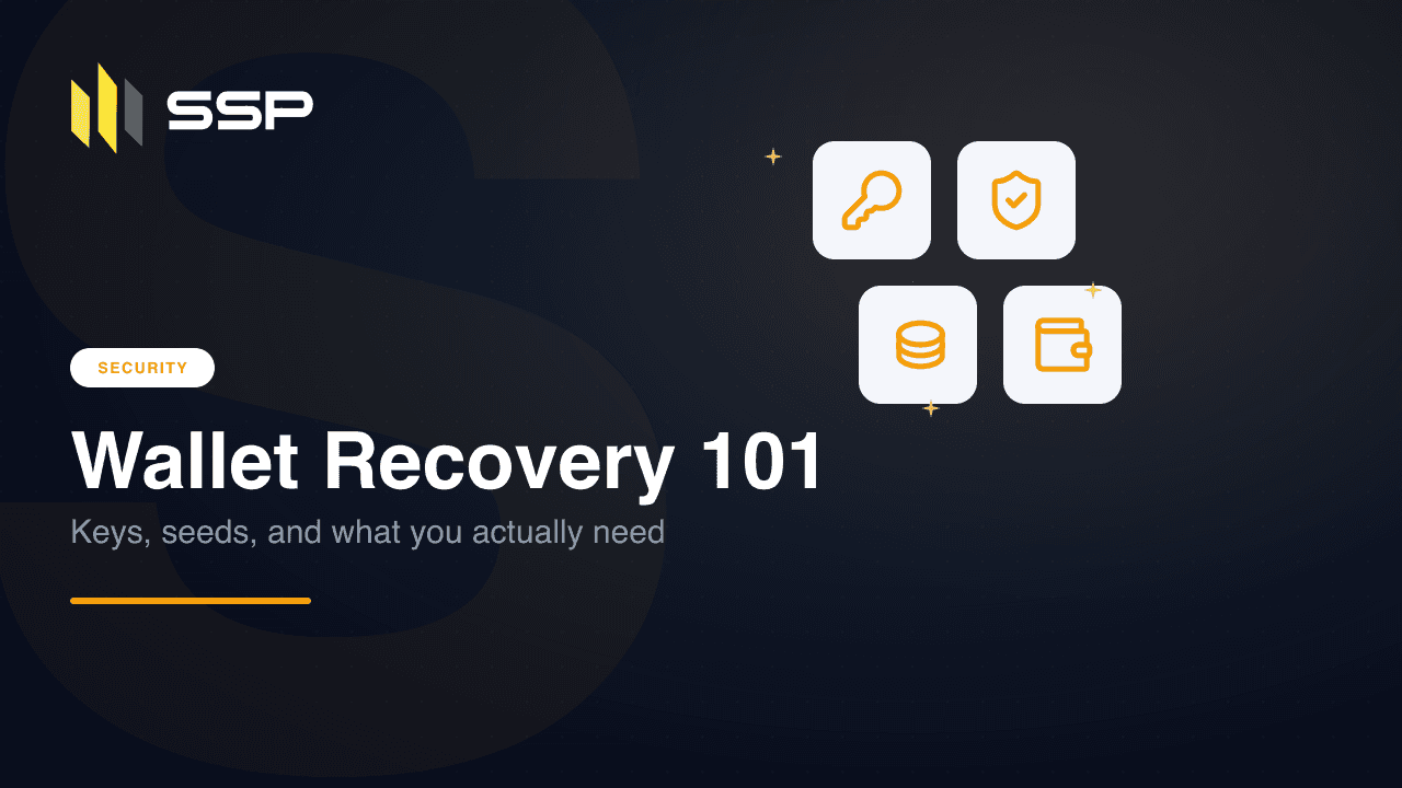 Sampul Wallet Recovery 101 dengan ikon kunci, perisai, basis data, dan dompet