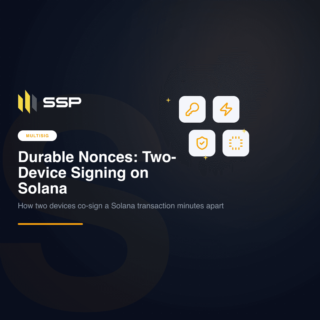 Square SSP cover for an academy article on durable nonces and two-device Solana signing