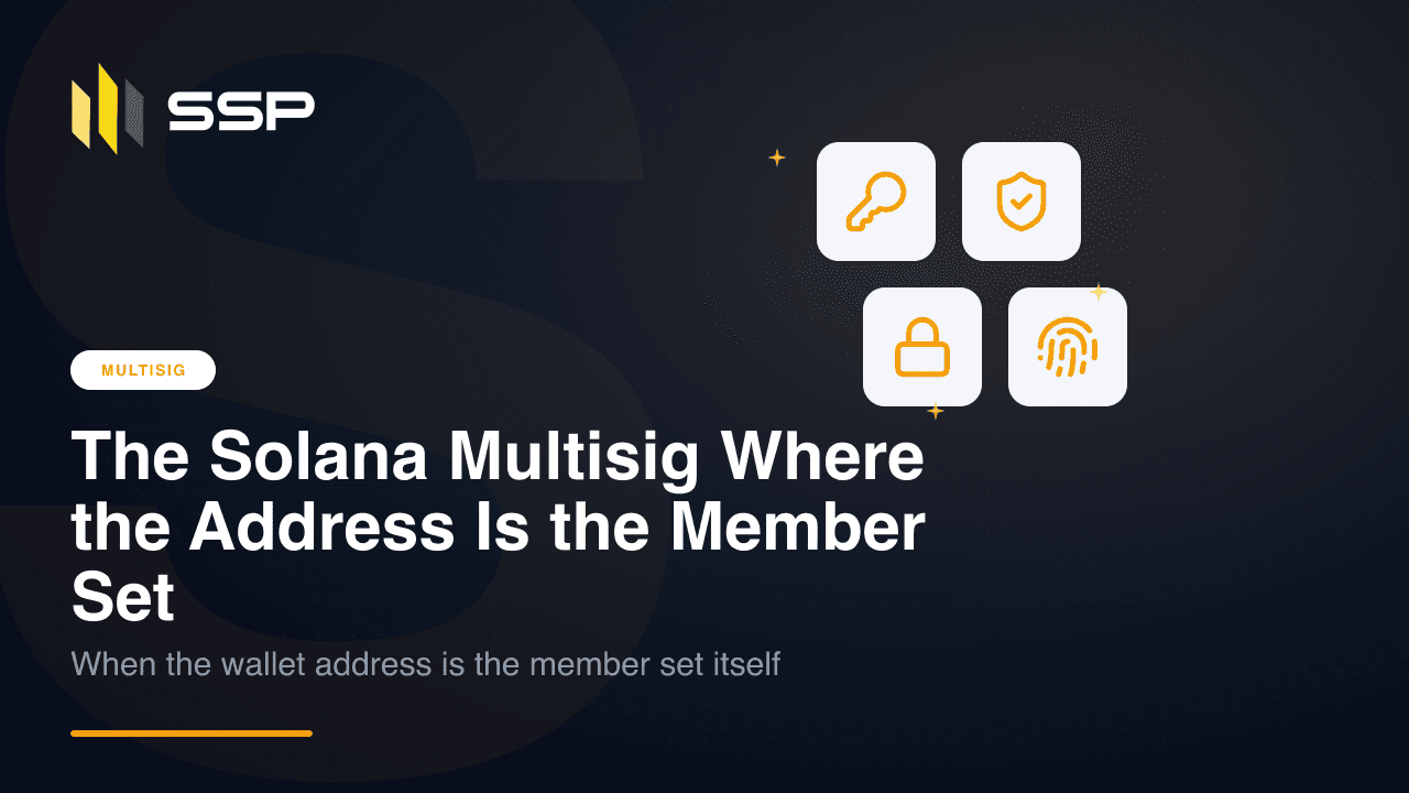 Diagram of an SSP self-initiating Solana multisig wallet on a navy SSP-branded cover