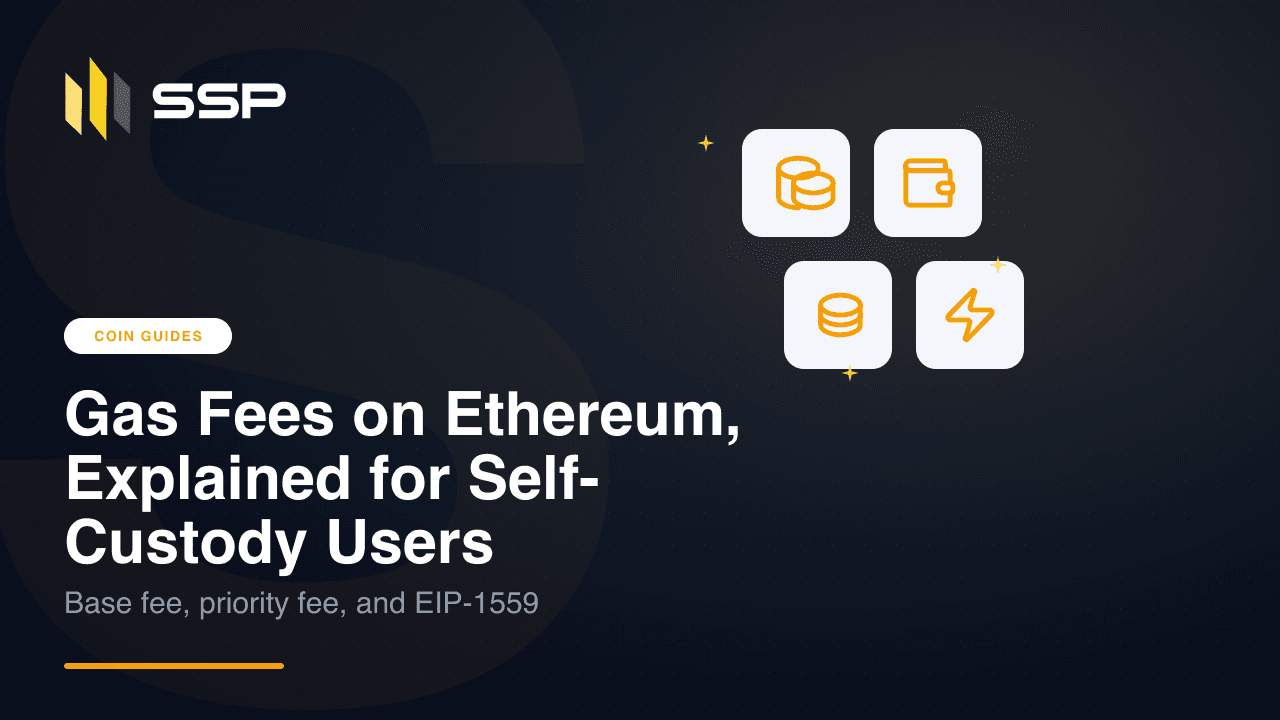 Ethereum gas 수수료를 다룬 SSP coin-guides 표지. 짙은 네이비와 앰버 배경에 base fee, priority fee, EIP-1559 부제