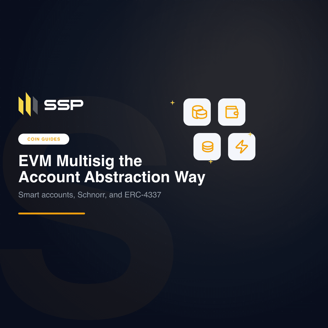 Couverture carrée du 2-of-2 de SSP sur EVM : une clé d'extension et une SSP Key se combinent en une seule signature agrégée pour un smart account ERC-4337.