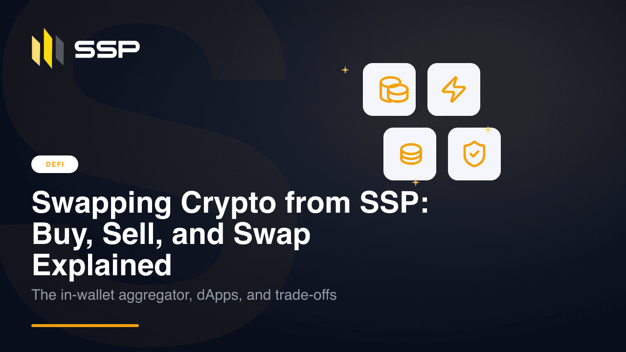 Ilustración de tres rutas de intercambio — comprar, vender y cripto-a-cripto — fluyendo a través de una billetera multisig 2-de-2 de SSP