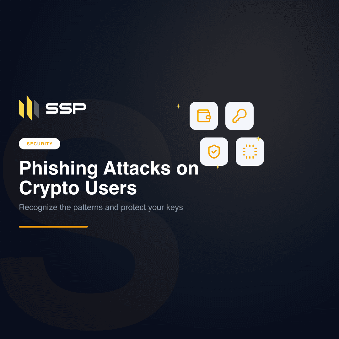 SSP security cover with wallet, key, shield, and chip icons, illustrating a guide to crypto phishing attacks.