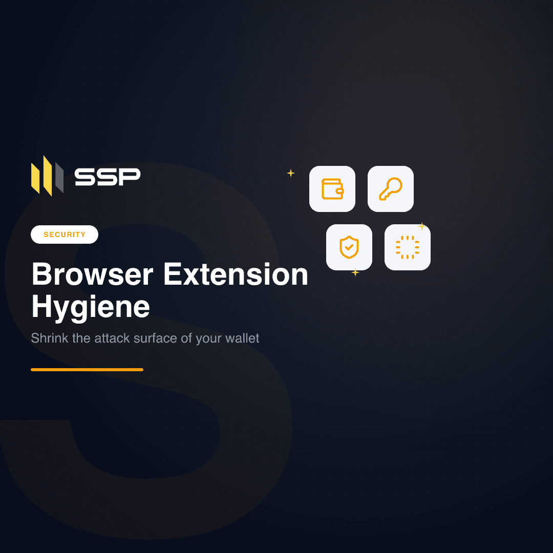 SSP security cover with wallet, key, shield, and chip icons on a navy square card