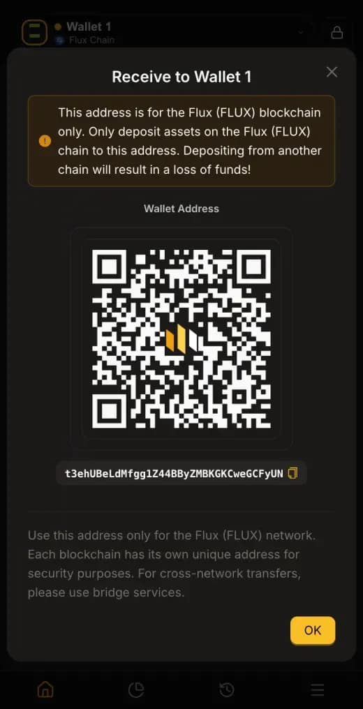 Der Empfangen-Bildschirm mit Adresse und QR-Code im dunklen Modus