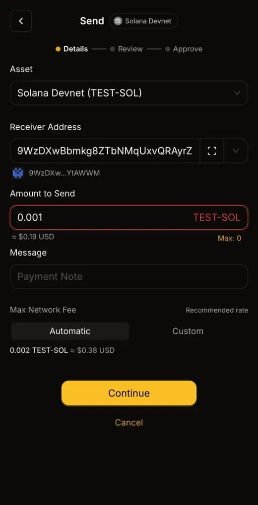 Composition d'un envoi Solana dans SSP Wallet, en mode sombre